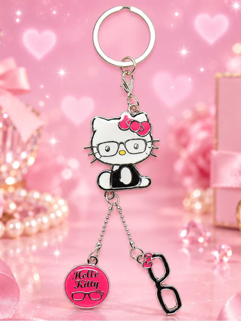 Hello Kitty Glasses Keychain Charm Pink Black Dangle Key Ring.NWT